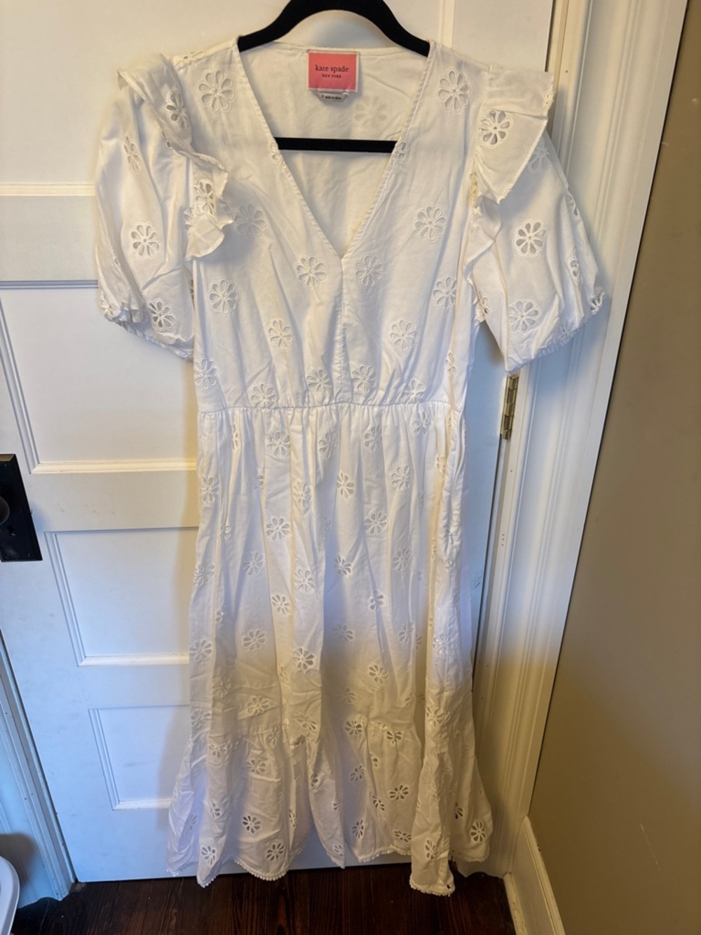 kate spade White Eyelet Maxi Dress with Ruffle Shoulders
